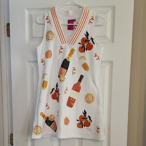 Vibrant Dress with Orange and Wine Bottle Design